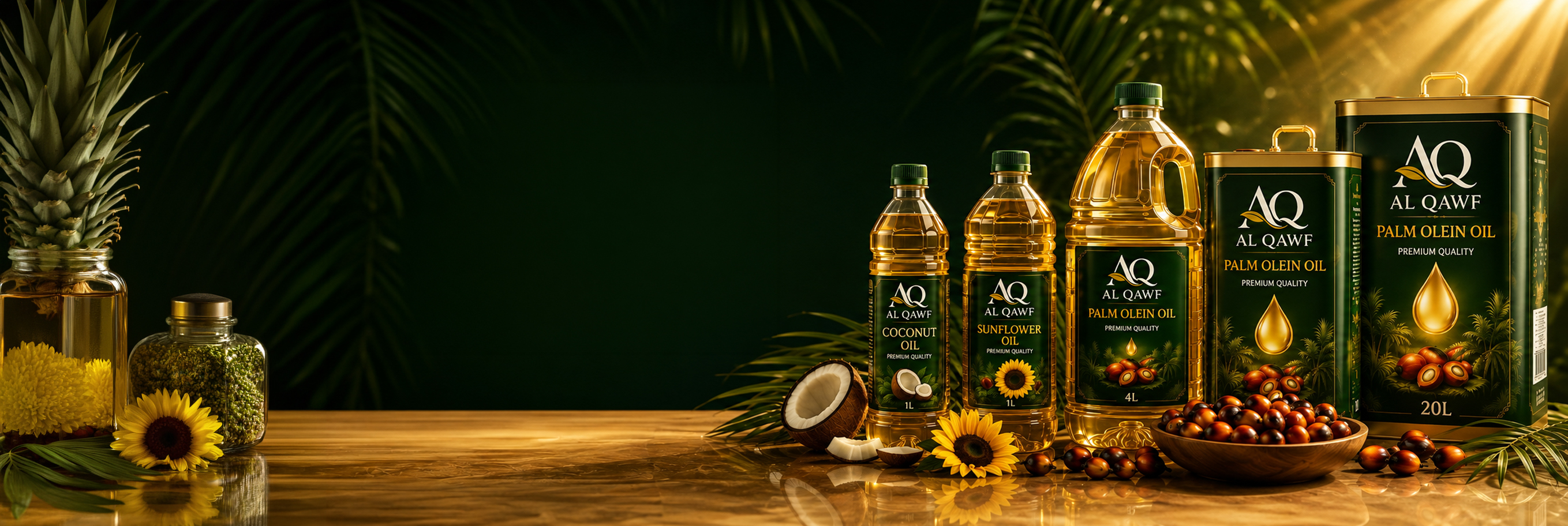 AL QAWF coconut, sunflower and palm olein cooking oils in retail bottles and commercial tins